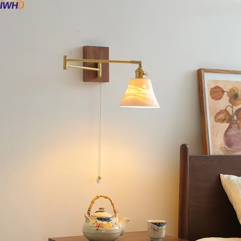 IWHD Pull Chain Switch LED Wall Lamp Sconce Balcony Living Room Bedroom Nordic Bathroom Mirror Light Fixtures Ceramic Copper