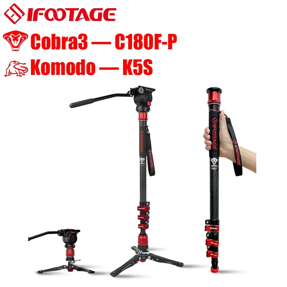 IFOOTAGE Cobra 3 Strike Monopod C180F-P with Komodo K5S Camera Video Head Fluid Head,Pedal Base Tripod CB3 Base-P Low Profile