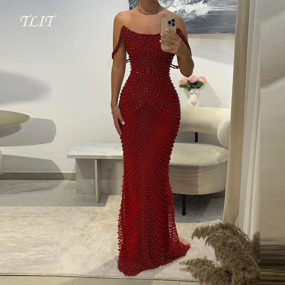 

Длинные вечерние платья TLIT Sparkly Red Appliques с кристаллами فساتين سهرة Индивидуальные платья для выпускного вечера с открытыми плечами и жемчугом