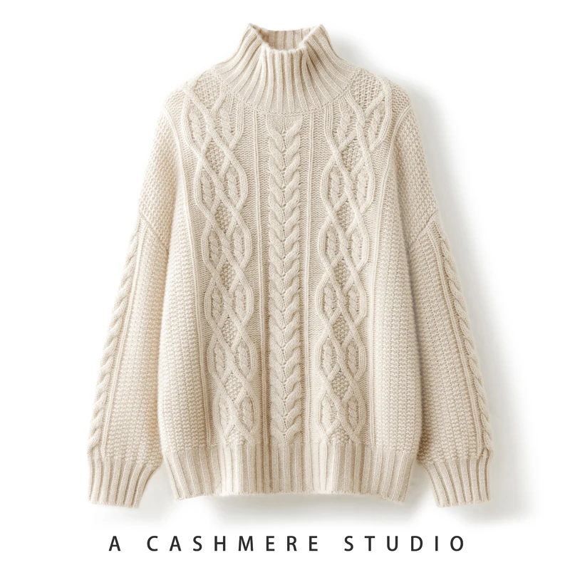 Kaschmirpullover Damen Frühling und Herbst neuer hochgeschlossener dicker Pullover reiner Kaschmir weicher wachsartiger warmer loser Pullover