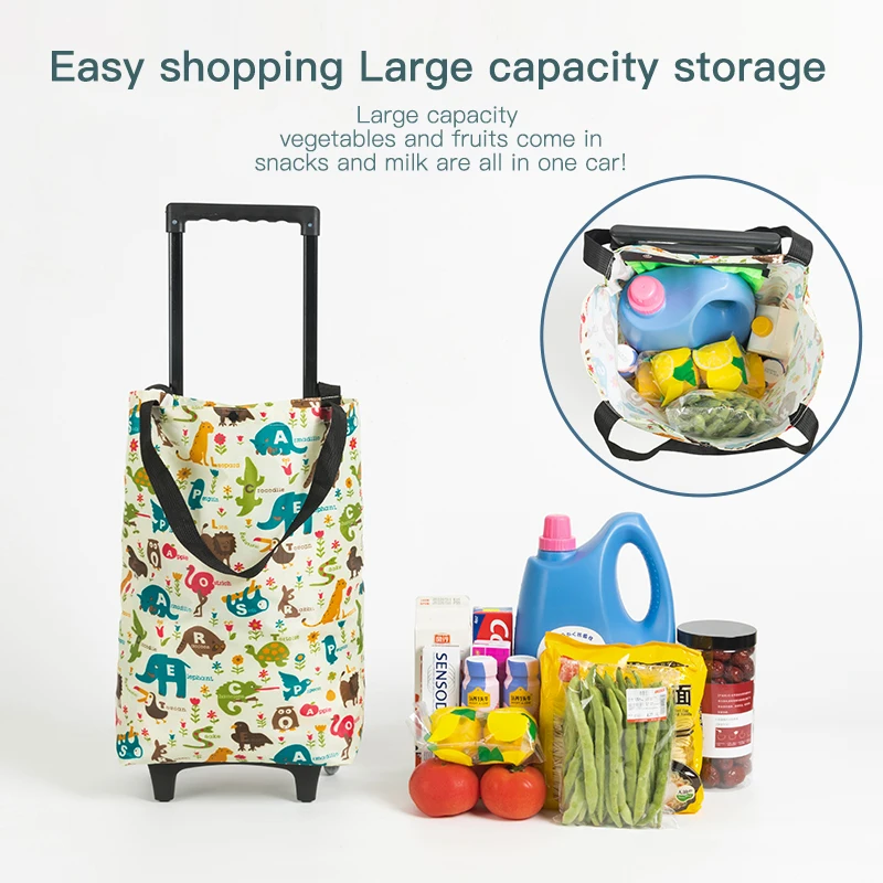 MABULA Animal Print Shopping Pull Cart Trolley Bag With Wheels Foldable Shopper Handbag Reusable Grocery Food Organizer Purse