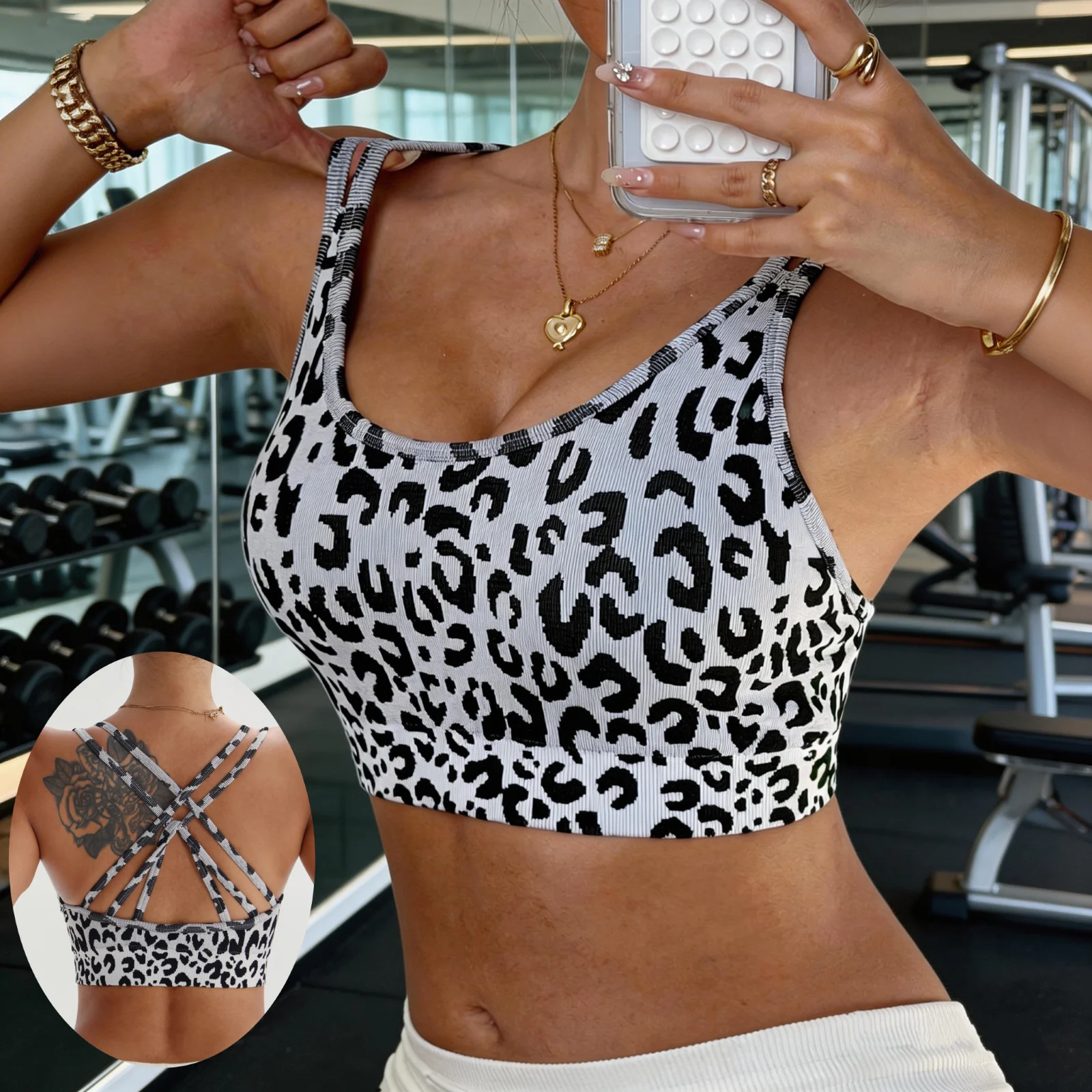Seamless Sports Bra Breathable Crisscross Back Hollow Front Padded Cups Leopard Print Light Support Gym Yoga Activewear Crop Top