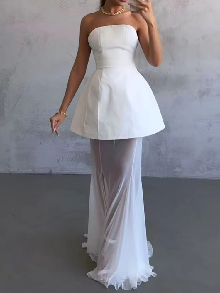 

In the summer of 2025, the new solid color waist belt hourglass tube top dress+fishtail mesh overskirt fashion women's suit.