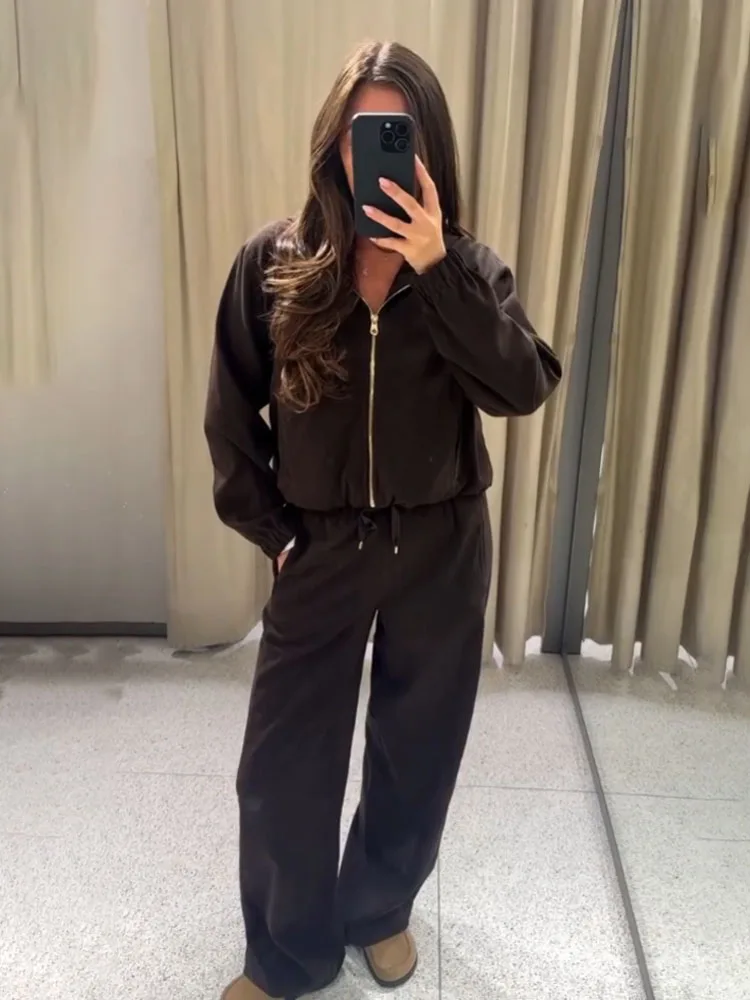 

HH Pantolon Setleri Women Spring Lapel Metal Zipper Side Pocket Decoration Flannel Bomber Jacket Drawstring Trousers Piece Set