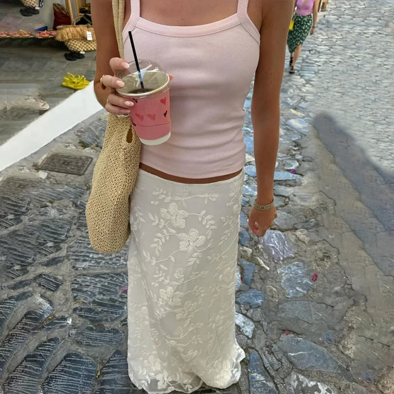 OMSJ 2025 Nuovi Arrivi Moda Donna Vintage a vita bassa Gancio Fiore Dritto Allentato Fit Mezza Gonne lunghe Casual Vacanza Streetwear