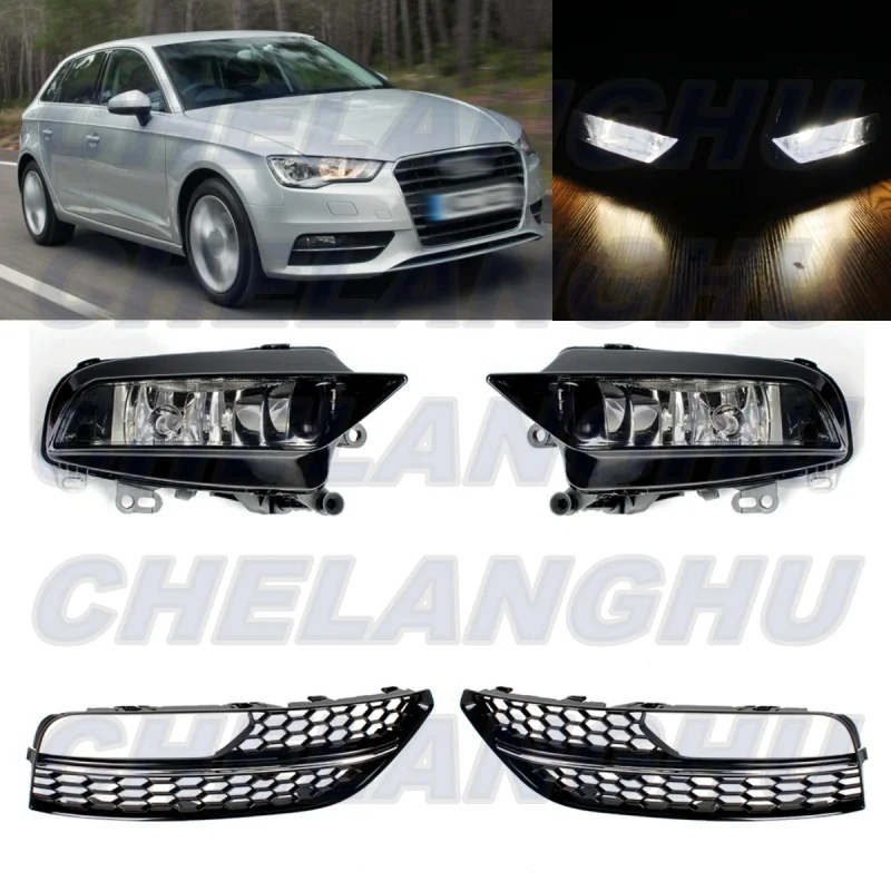 

For Audi A3 Hatchback 2013 2014 2015 2016 2017 1 Set Front Halogen Fog Lights Lamp+Grille Cover Car accessories