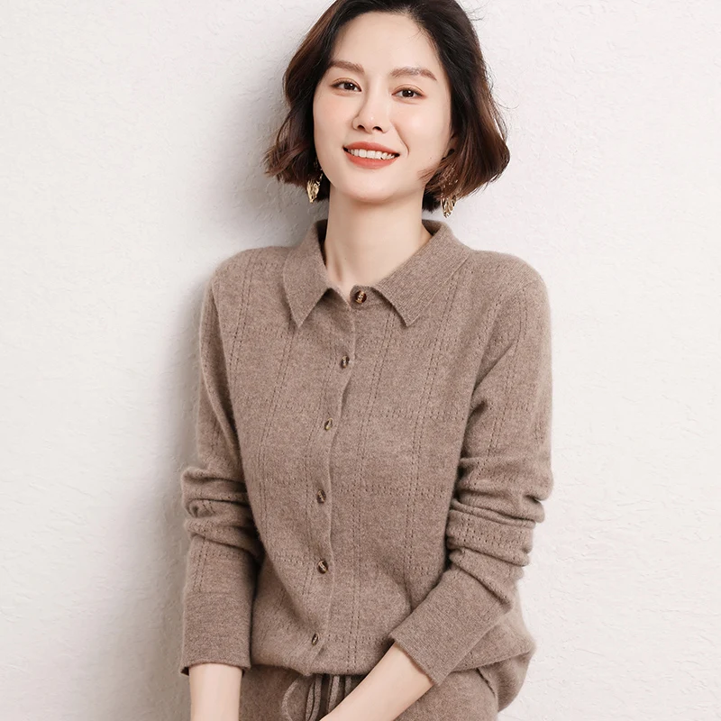 

Autumn and Winter New 100% Cashmere Sweater Women's POLO Collar Knitted Cardigan Slimming Fashion Twisted Flower Coat Shirt