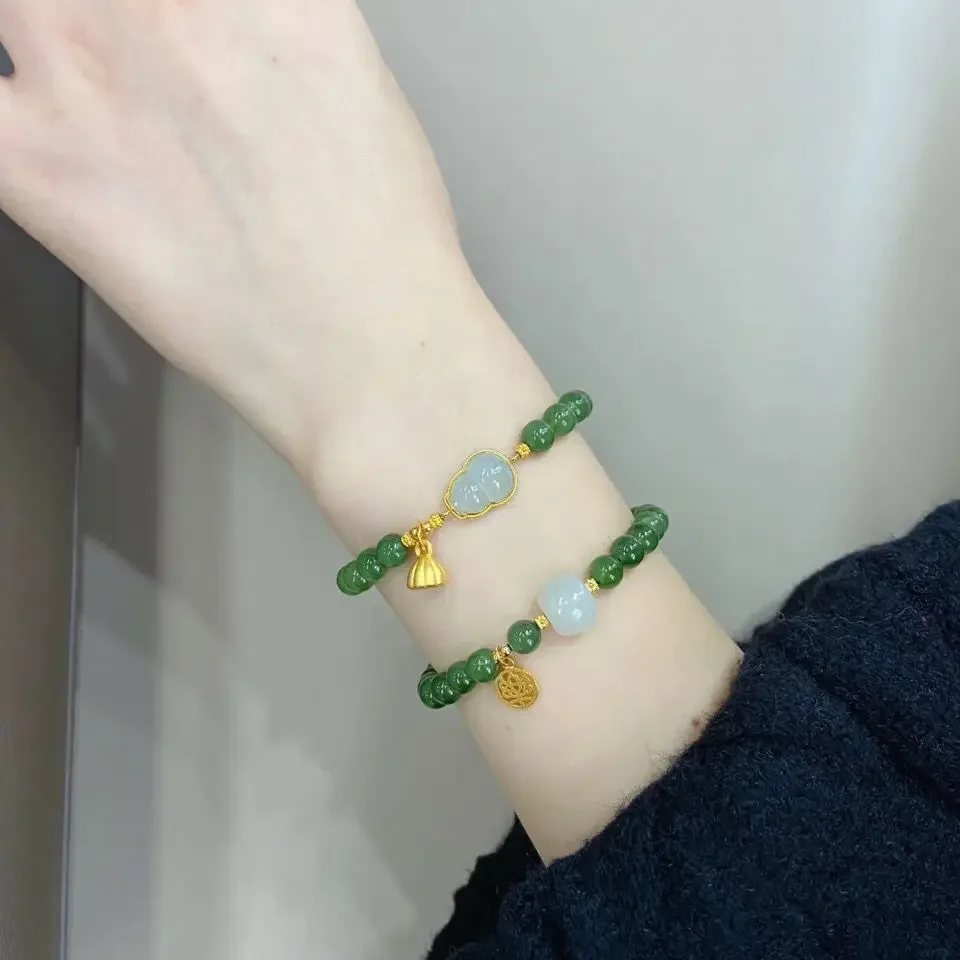 

Natural Hetian Jade Fu Brand Emerald Chalcedony Bracelet Adjustable Light Luxury Good Luck Girlfriend HandString Gift for Women