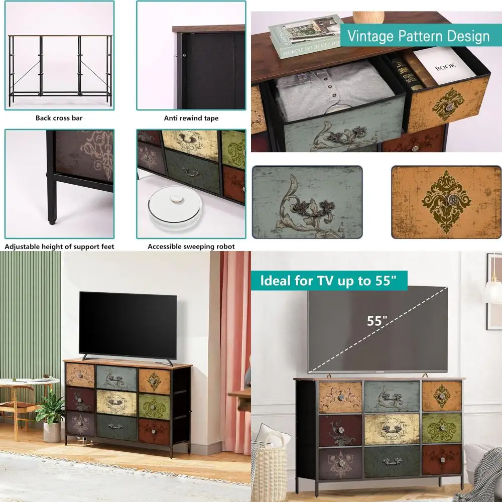 

Dresser for Bedroom with 9 Deep Fabric Drawers, Wide TV Stand Storage Cabinet, Colorful Chest of Drawers for Closet, Nursery, En