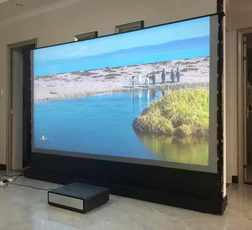 130 بوصة ليزر قصير للغاية 4k HD للمنزل/الفيلم صوت محمول صوتي شفاف أرضية كهربائية شاشة ارتفاع بمحركات