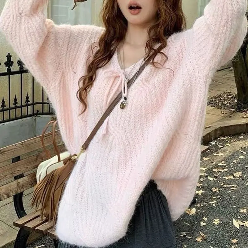 Korean V-Neck Stylish Drawstring Sweaters Women's Clothing Solid Color Autumn Winter Loose Casual Long Sleeve Knitted Pullovers