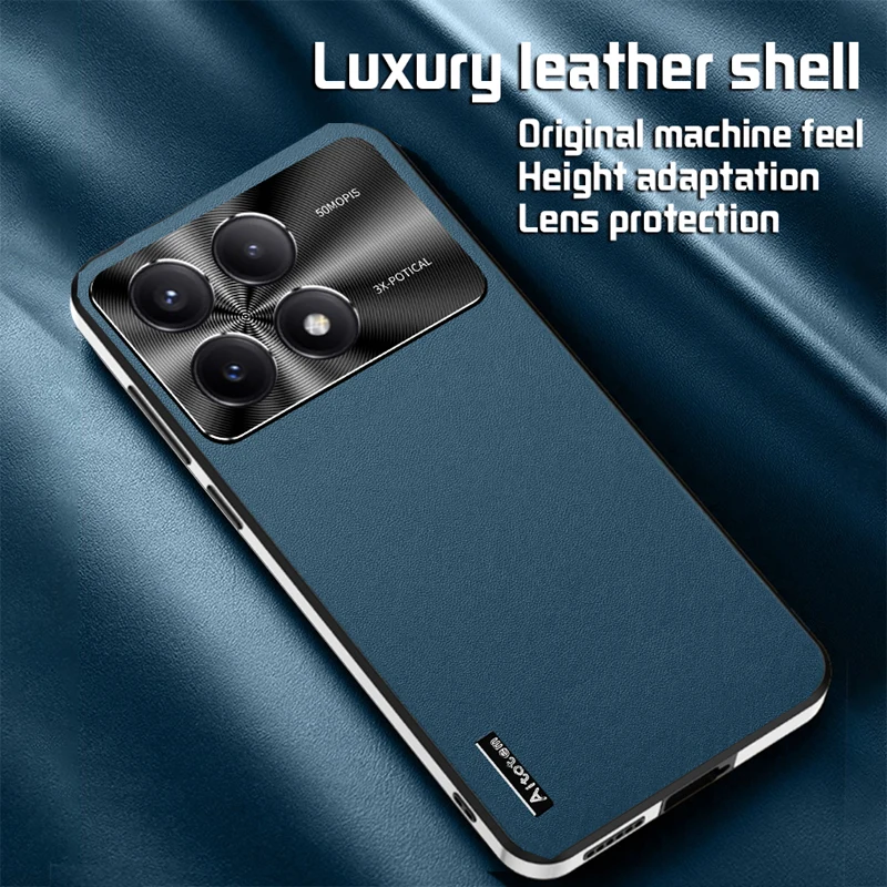 

Luxury Plain Leather Back Cover Cases for Poco F5 F6 Pro Anti-Drop Shockproof Full Metal Lens Protection Soft Edge Phone Case