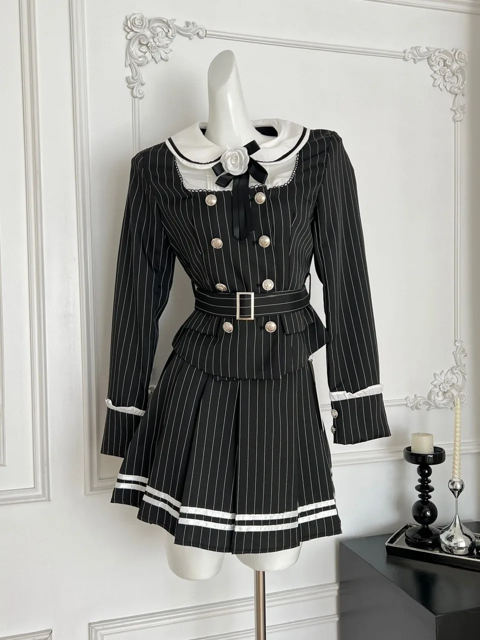 

Ele Bla White Color Blo Long Sve Stripe Top Высокая талия f Body Юбка Комплект из двух предметов для женщин Зимний сезон Faion