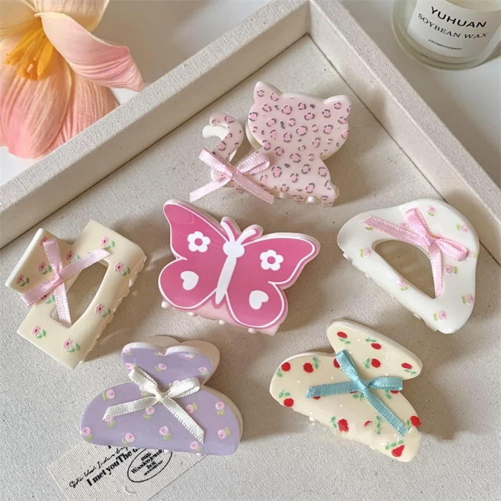 

Sweet Plastic Bowknot Hair Claw Y2k Ribbon Cat Claw Clip Hollow Ponytail Holder Bow Shark Clip Daily