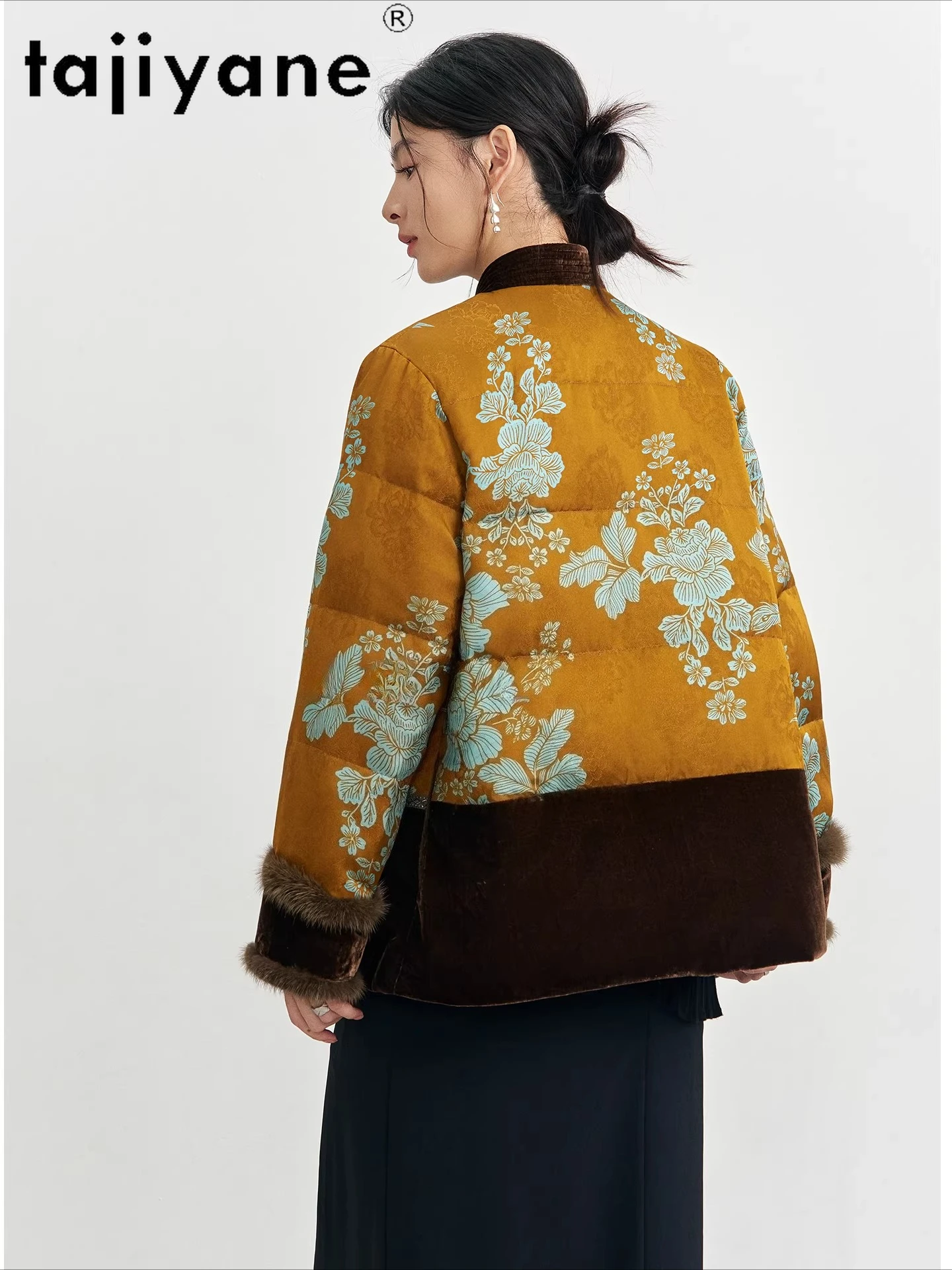 TAJIYANE 90% ganzendons jas dames luxe jacquard donsjassen met nertsenbont manchetten korte puffer jassen 2025 winterkleding  soi