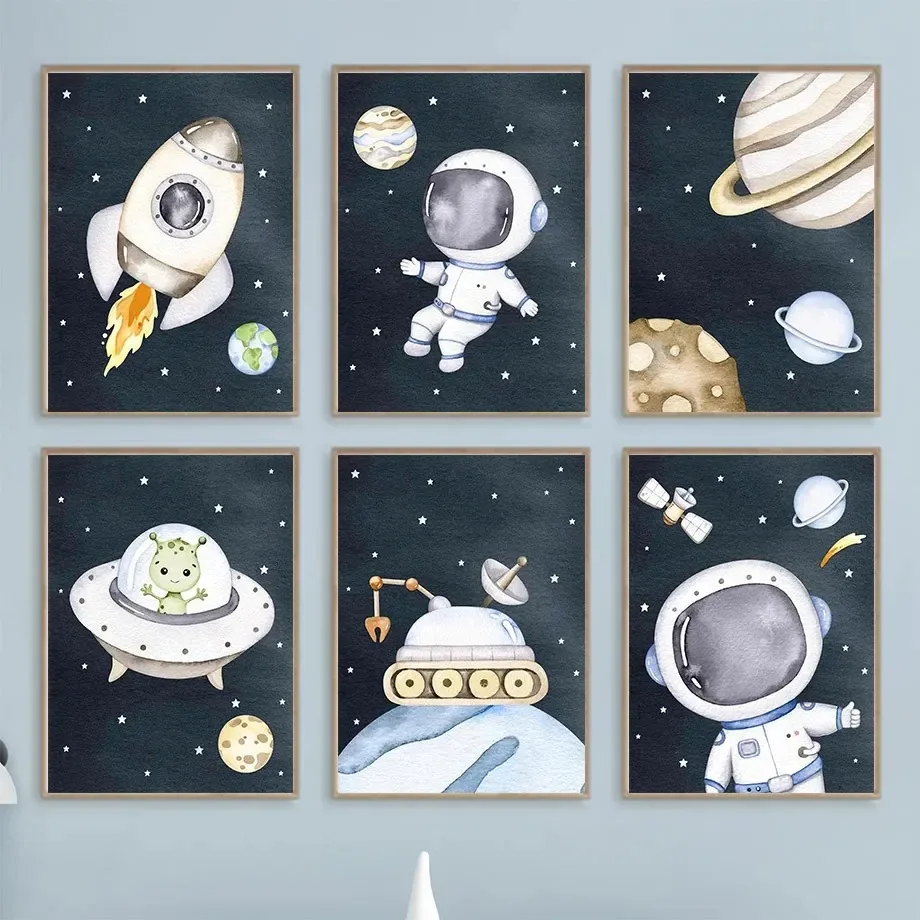 Cute Cartoon Astronaut Space Planet Rocket Satellite Car Minimalist Wall  Print Canvas Painting Poster for Modern Home Decor