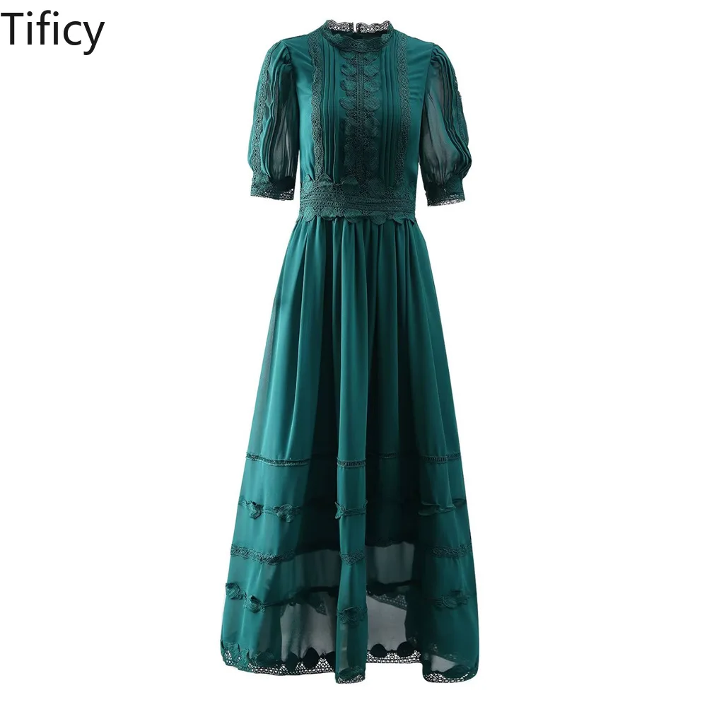 Cross border 24 spring and summer new women's round neck short sleeved georgette with water-soluble lace green fairy long dress