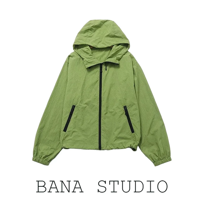 

BANA plus Size Green Hooded Lightweight Short Outerwear Women's Outdoor Sun Protection Jacket Thin Unisex Couple Style