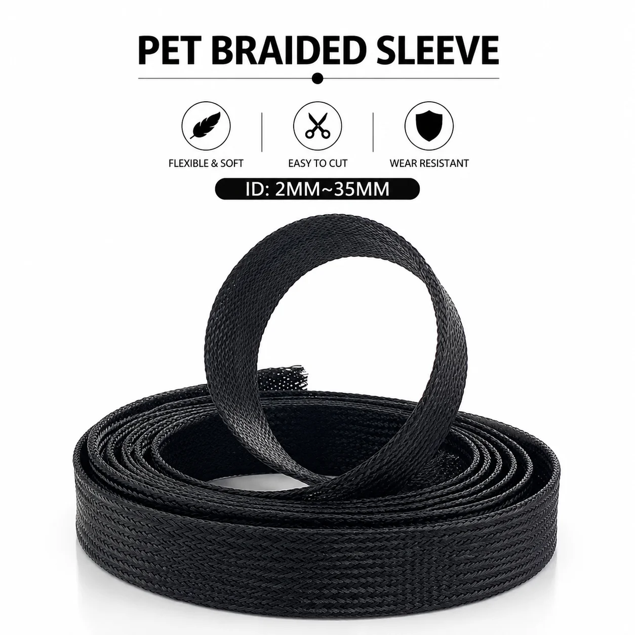 UV Resistant ID 2-35mm Black Flame Retardant PET Braided Conduit Outdoor Equipment Cable Weather Resistance Protection