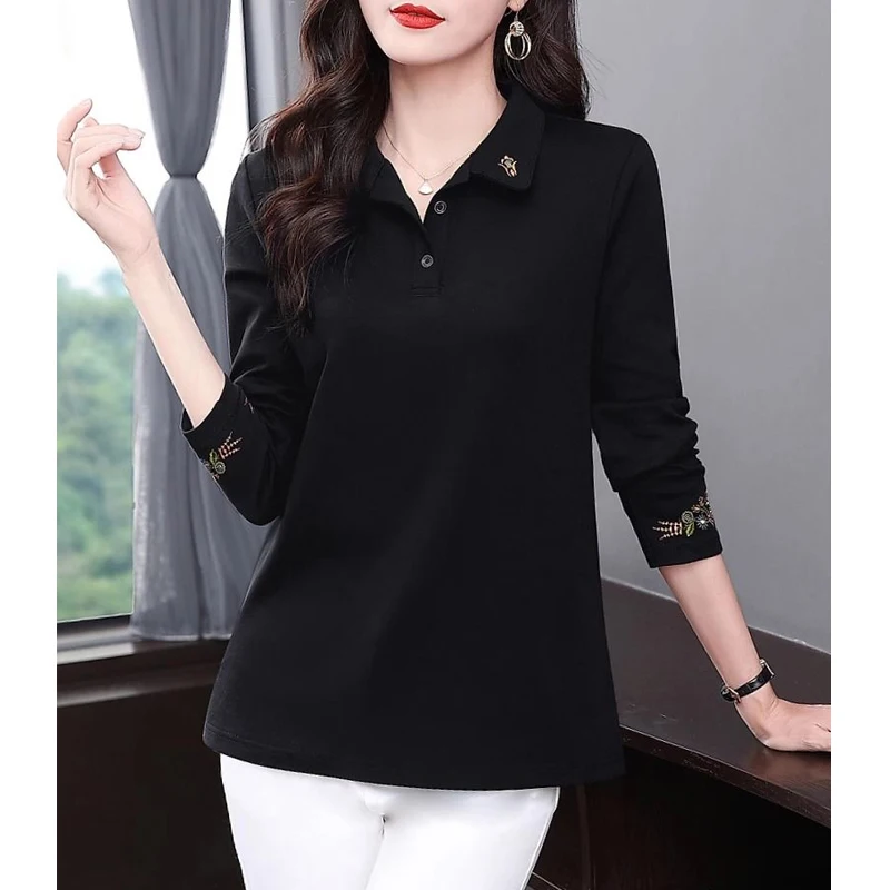 Women\'s Vintage Embroidery Polo Collar Elegant T-shirts Spring Autumn Korean Fashion Casual Long Sleeve Loose Tops Ropa De Mujer