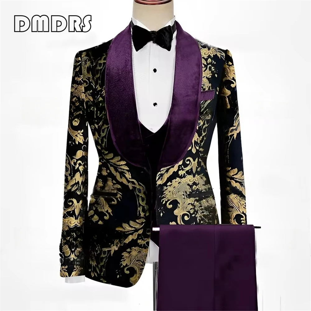 Fashion Gold Embroidery Suit Set for Men, Three Pieces, Velvet Collar Vest Pants Set, One Button Wedding Party Suits,, Tuxedo