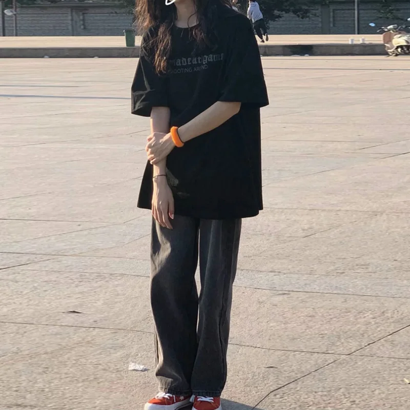 تي شيرت نسائي كوري فضفاض ort Sve تي شيرت Harajuku Sle متوسط الطول مستدير Ne Top مزيج من القطن والبوليستر والألياف اللدنة #2