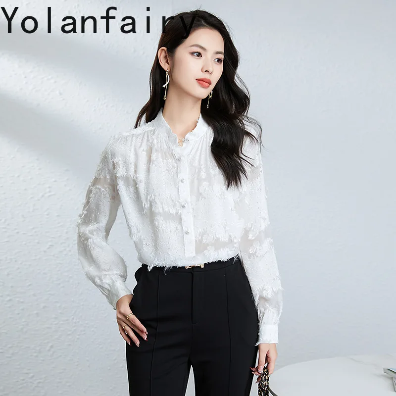 YOLANFAIRY 우아한 100% 리얼 멀 베리 실크 블라우스 여성용 루즈 긴 소매 탑 섹시한 시스루 여성용 탑 및 블라우스 상의