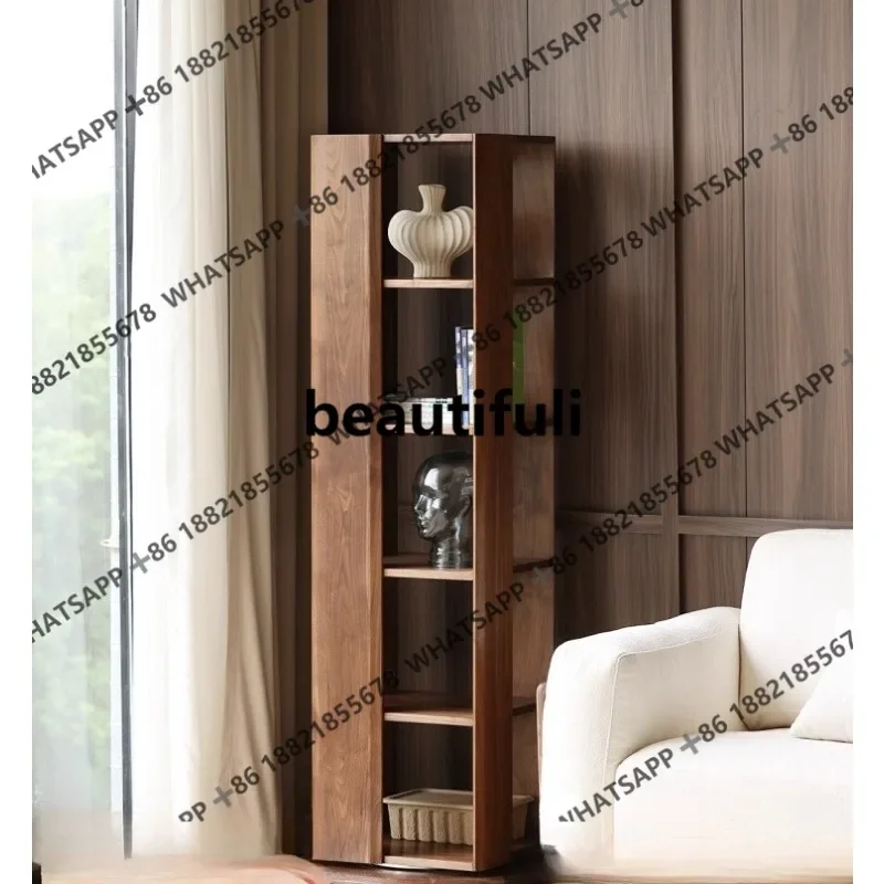 X  Rotating bookshelf integrated against the wall, living room floor-to-ceiling solid wood vertical multi-layer shelf
