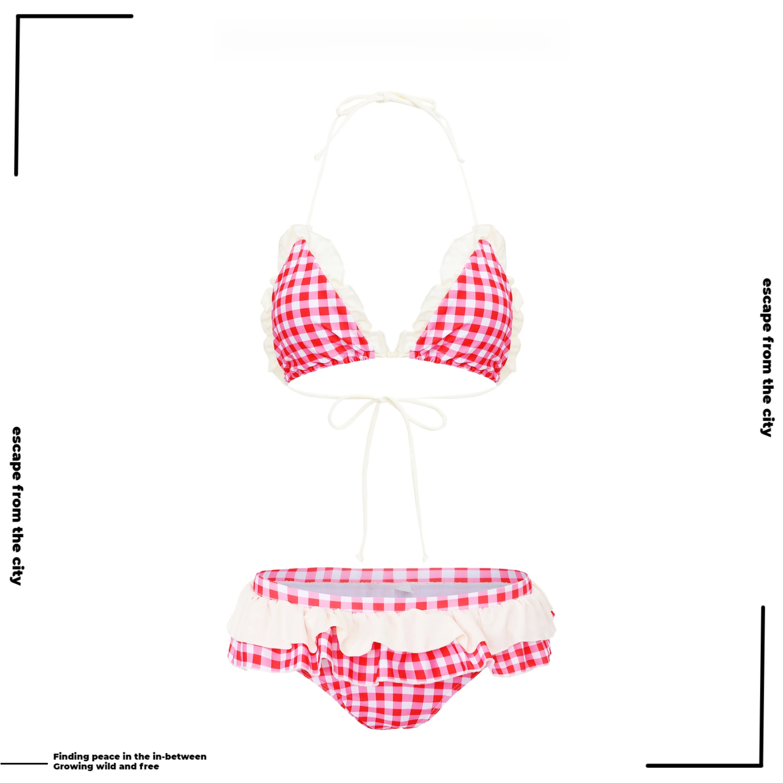 

Корейский стиль INS: Красивый кружевной бикини в клетку для небольшой груди, раздельный купальник для пляжного отдыха на острове, дизайн «три точки»