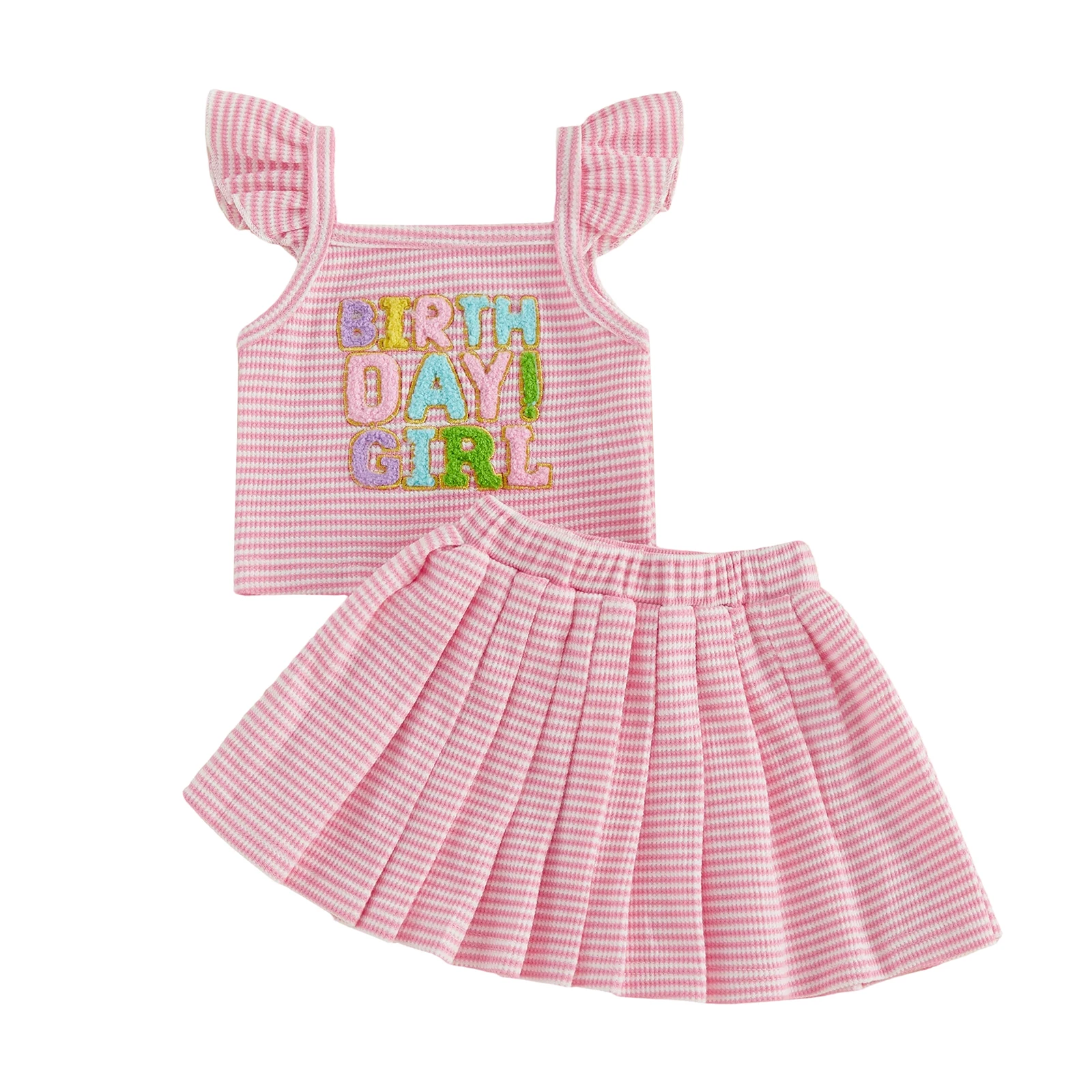 Summer Toddler Baby Girl Birthday Outfits Letter Embroidery Ruffled Fly Sleeve Tank Top Pleated Skirts Children 2Pcs Clothes Set