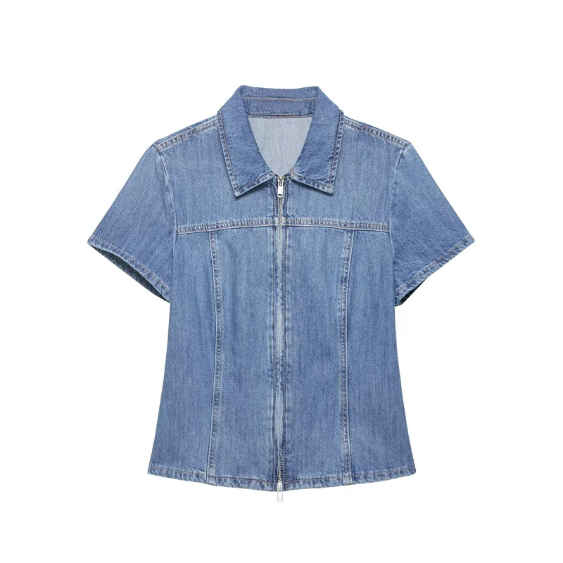 

Летняя женская джинсовая рубашка на молнии, новинка 2026 года, модная повседневная приталенная рубашка с коротким рукавом