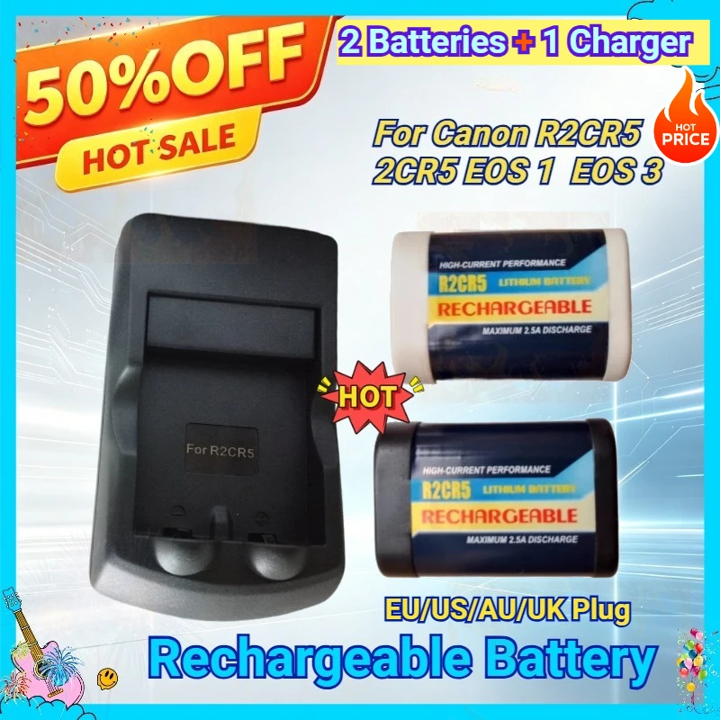 6V Rechargeable Lithium Battery for Canon R2cr5 2CR5 EOS 1 EOS 3 Replacement Film Camera Battery Set 2 Batteries+1 Charger