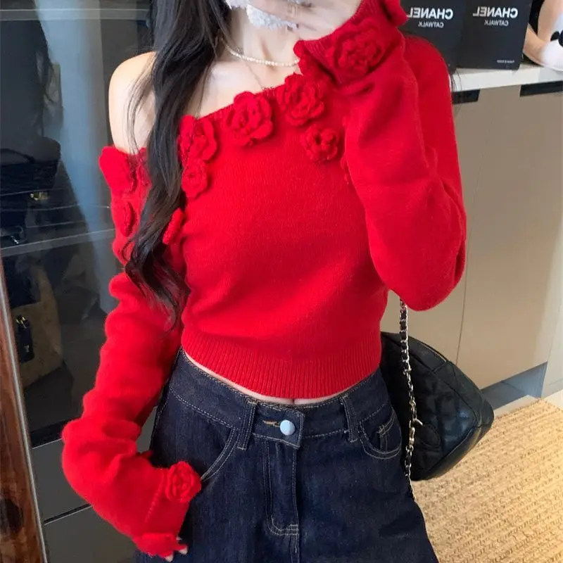 

Новый весенне-осенний женский свитер с цветами 2026, вязаный свитер с открытыми плечами и цветочным принтом, женская мягкая блузка, сексуальный милый свитер в корейском стиле