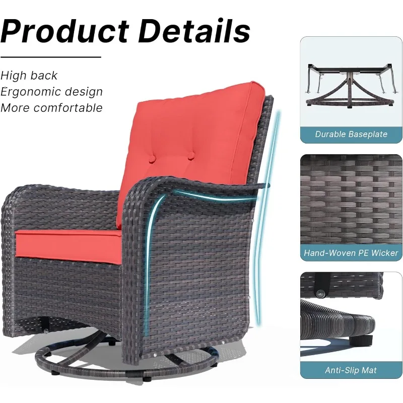 Outdoor Spin Glider Rocking Chair, Wicker Courtyard Bistro Set, tempered glass side table and thickened cushion (red)