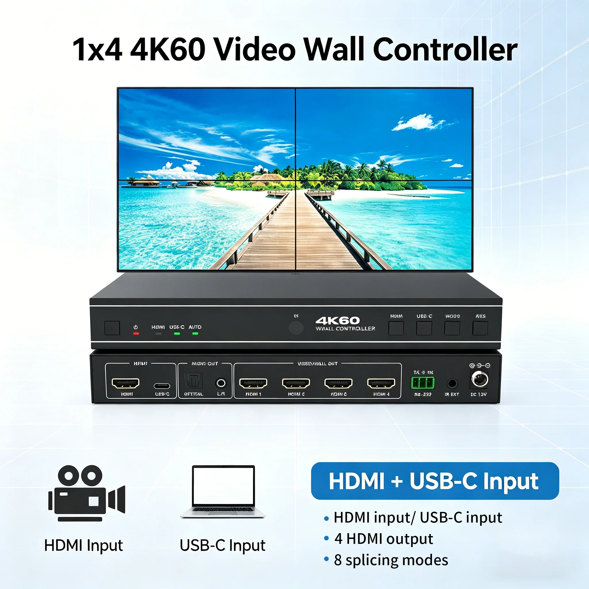 4K60Hz 1x4 2X2 Video Wall Controller 18Gbps HDMI USB-C Input 4 HDMI Outputs Splicing Wall Controller Audio Extraction IR RS232