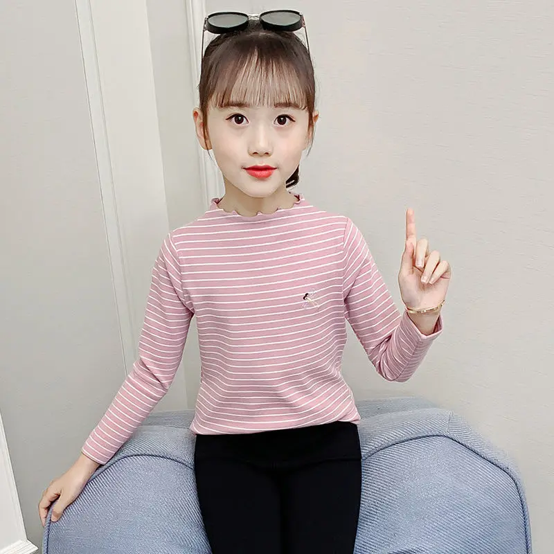 Thiened Stripe Base irt for Girls Autumn Winter Clothes Warm Fce Thiened T-irt Trendy Children's Clothing