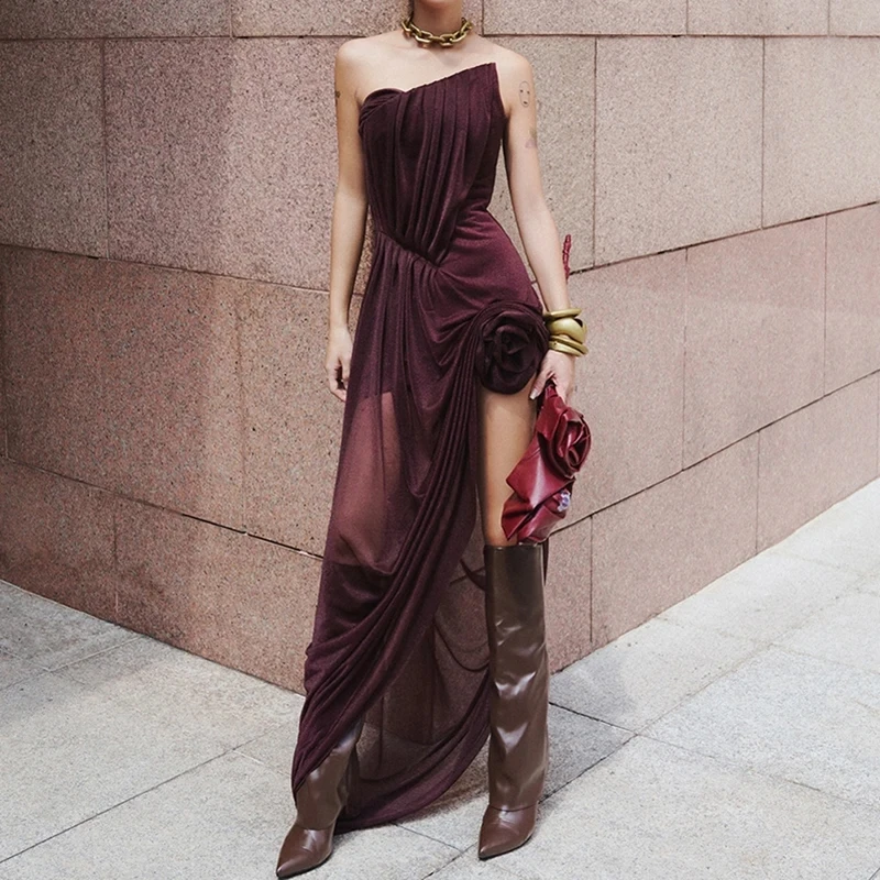 

Lady Solid High Waist Hollow Out Party Dress Fashion Irregular Design Style Mesh Dress Sexy Sleeveless Fit Pleated Banquet Dress