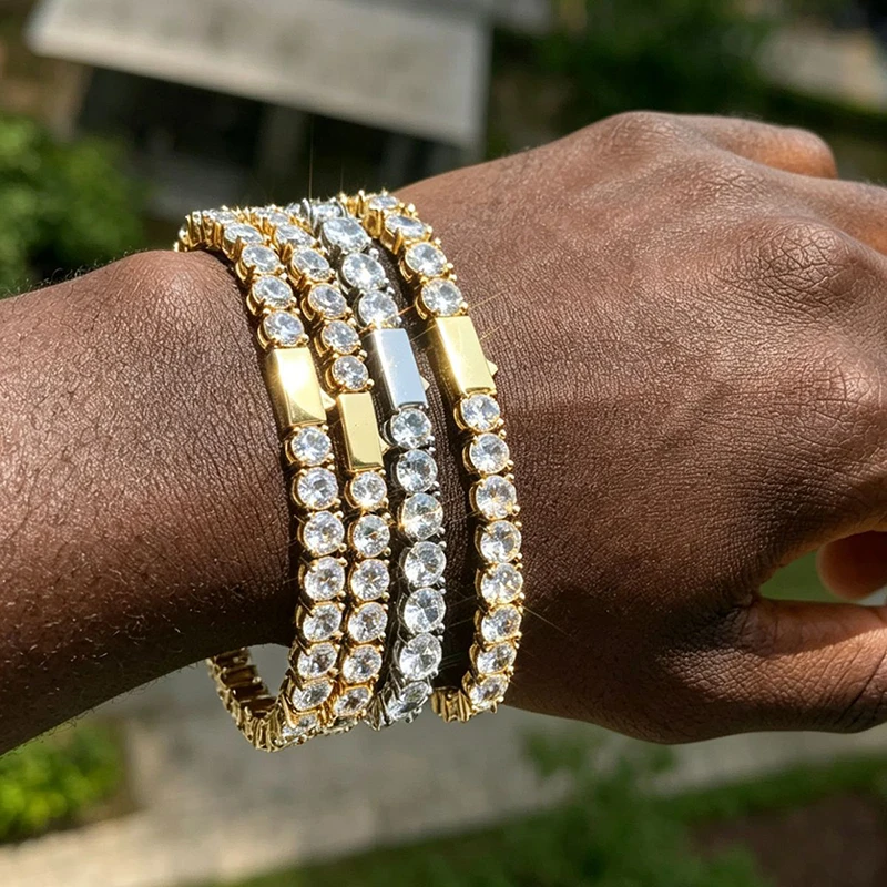 3-6mm 7-9inches Hip Hop 5A+ CZ Stone Bling Iced Out Round Tennis Chain Bracelet Men Rapper Jewlery Gold Silver Color