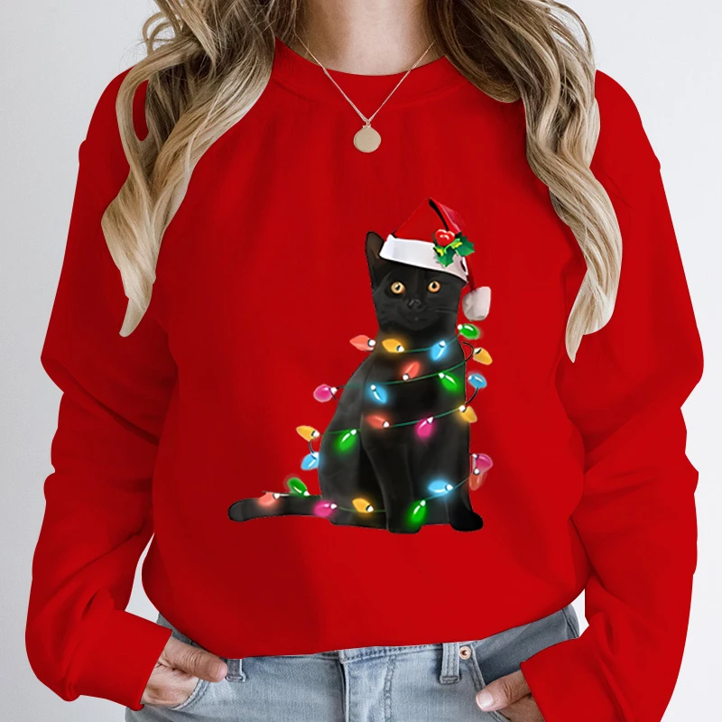 New Fashion Women Long Sleeve Hoodless Pullover Christmas Black Cat Christmas Light Print Round Neck Sweatshirt Solid Color Tops