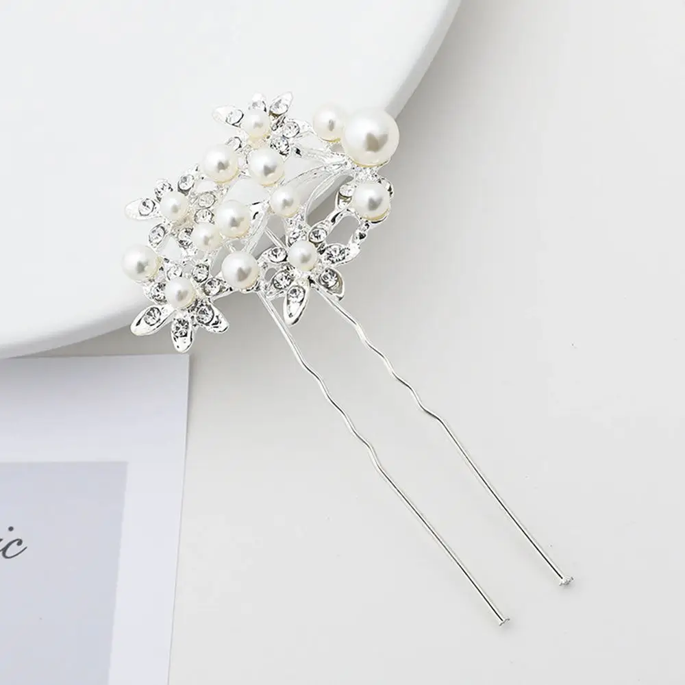 Decorative Grace Flowers Alloy Pearl Hairpin Rhinestone Hair Stick Korean Style Headwear Hair Accessories Five-tooth Hair Comb