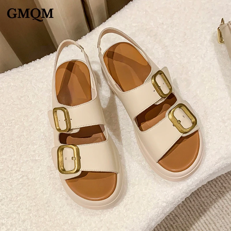 GMQM Fashion Genuine Leather Women Sandals New Summer Open Toe Thick Platform Slippers Metal Decoration Flats Anti-Slip Shoes