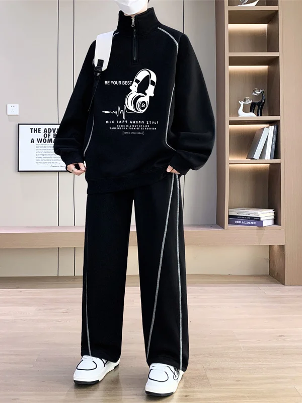 

Casual Sportswear f Zip Hoodie Set Men's Long Sve Stand Collar Trendy Two Piece Autumn Outfit Cotton Polyester Blend