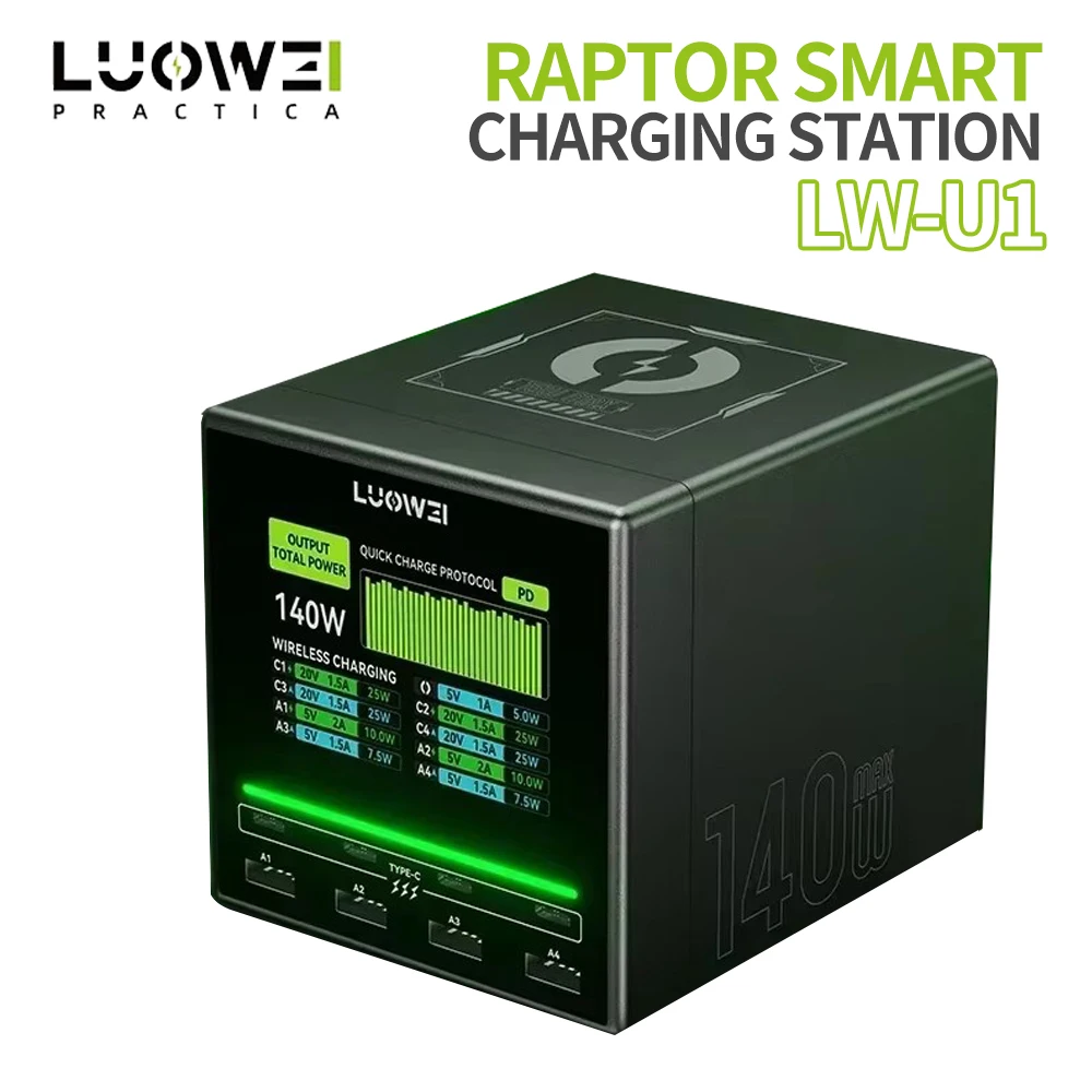 

LUOWEI LW-U1 140 Вт Raptor 8-портовая умная настольная подставка для быстрой зарядки с беспроводной зарядкой, инструменты для быстрой зарядки нескольких устройств