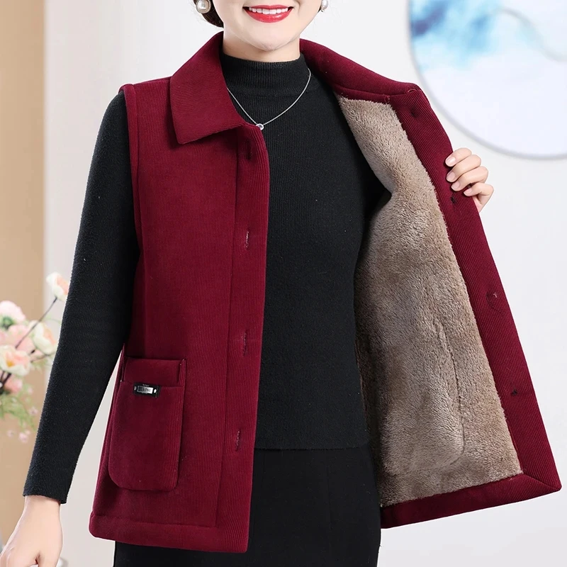 Mom's New Autumn Winter Corduroy Vest Add Velvet Middle-aged Elderly Women's Camisole Jacket Sleeveless Jacket Warm Waistcoat