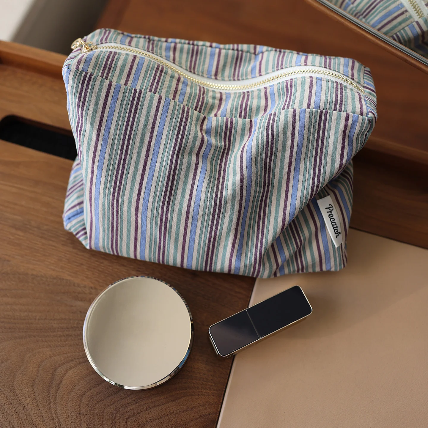 Color-Blocked Striped Cosmetic Bag, Large Capacity, Portable Japanese Style Storage Bag, Travel Multi-Functional Toiletry Bag