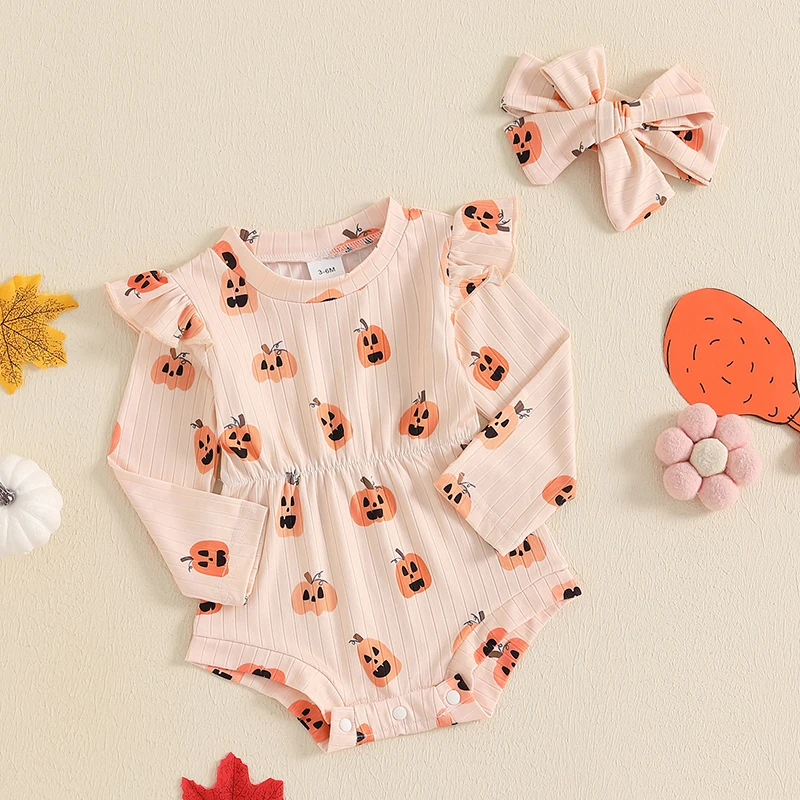 VISgogo 0-18 Months Baby Girl Halloween Outfit Pumpkin Print Ruffle Long Sleeve Romper Tie Headband 2 Piece Set for Fall