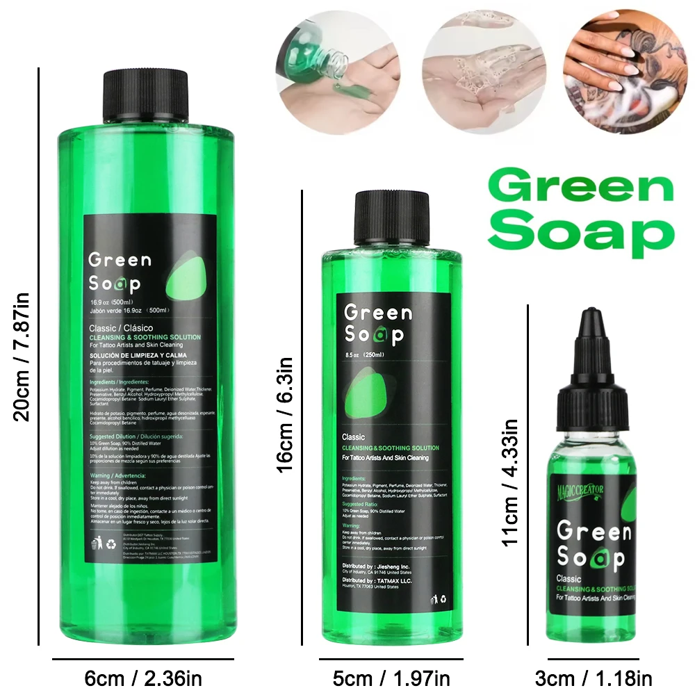 

Green Soap Tattoo Cleaning Solution, 30ml/250ml/500ml Green Soap, Concentrated Cleanser Designed for Tattoo Artists and Piercers