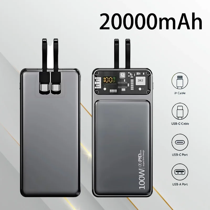 

20000mAh Power Bank with Dual Built-in Cables LED Digital Display Charging Large Capacity External Battery for Mobile Phones