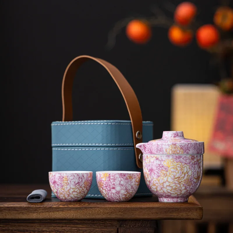 Colorful Camping Gift Enamel Travel Tea Set with Flowers High-end and Light Luxury One Pot and Two Cups Portable Outdoor Tea Set