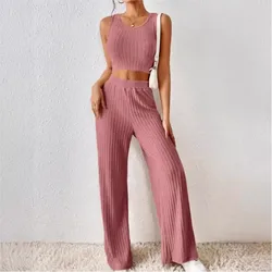 Spring Summer Fashion Casual Solid Soid Knitted Sleeveless Short Style Open Waist Tank Top High Waist Elastic Tight Pants Set